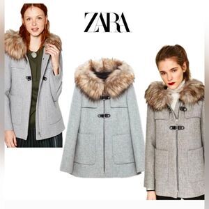ZARA A-line Wool Duffle Coat jacket Gray detachable faux Fur Hood pockets size S